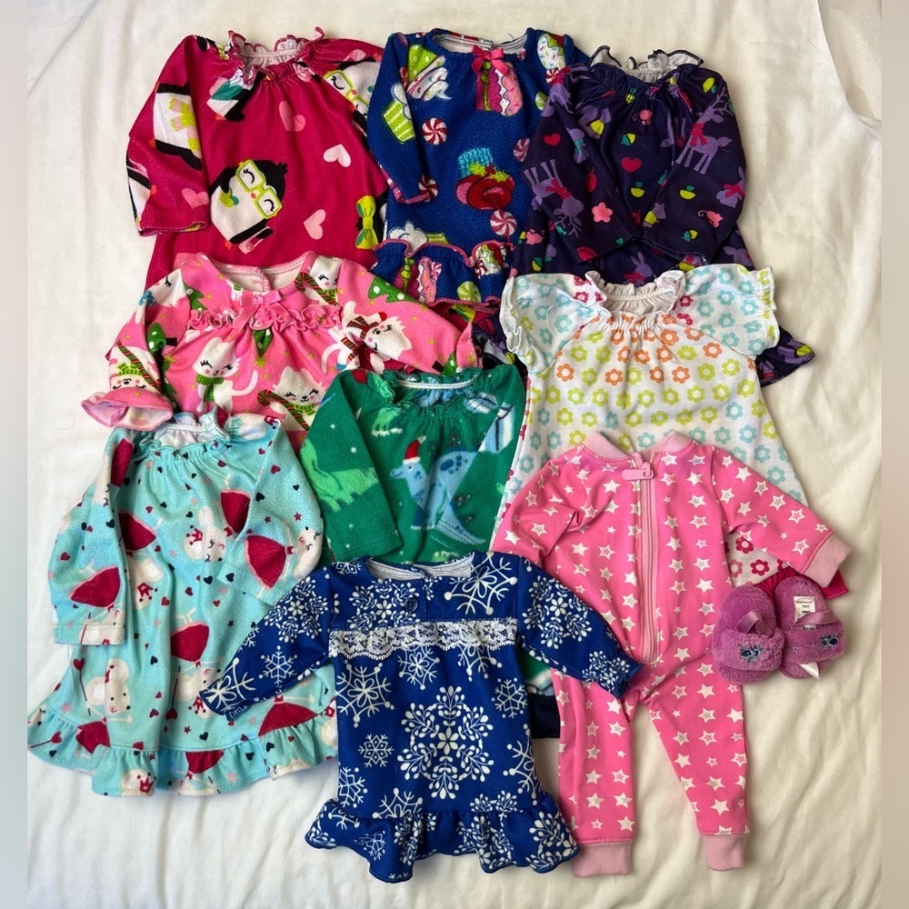 Lot of Nine Pajamas and One Pair of Slippers for 18" Dolls